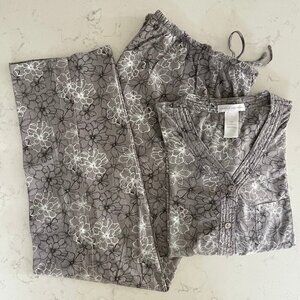 Carole Hochman Comfy Floral Print 2 Piece Cotton Pajama Set Grey White Blk Sz S
